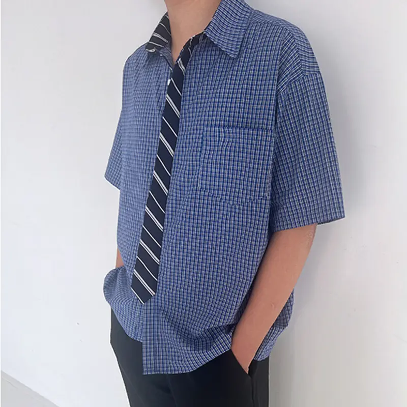 IEFB Men's Short Sleeve T-shirts Overlapping Tie Splicing Korean Style Striped Turn-down Collar Single Breasted Male Tees 9W2211