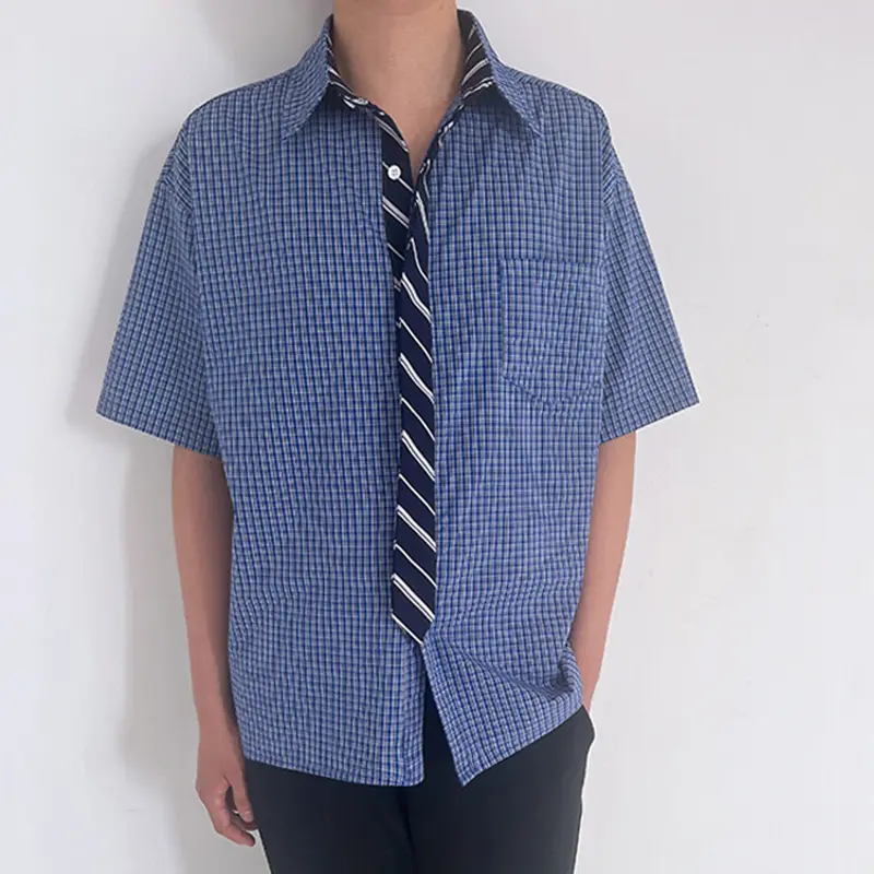 IEFB Men's Short Sleeve T-shirts Overlapping Tie Splicing Korean Style Striped Turn-down Collar Single Breasted Male Tees 9W2211