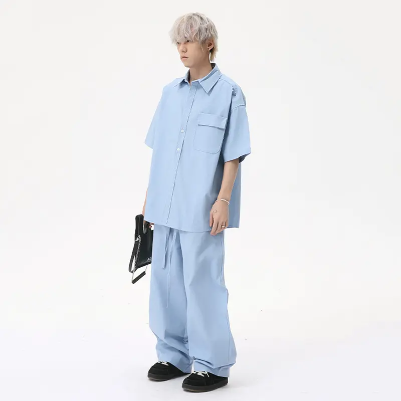 IEFB Simple Men's Suits Turn-down Collar Single Breasted Short Sleeve Solid Color Shirts Lace-up Wide Leg Male Trousers 9W2477