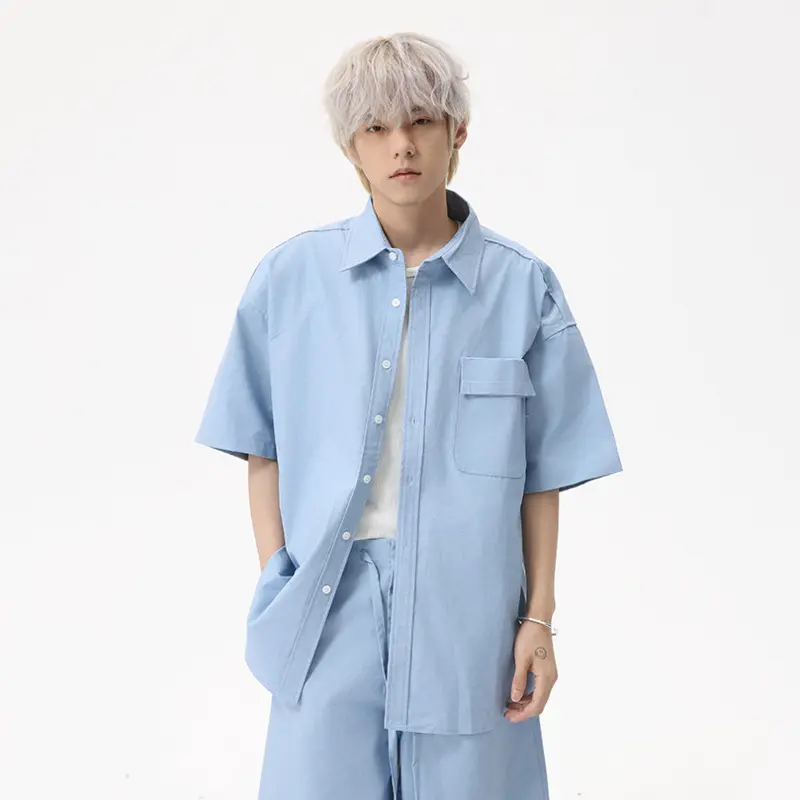 IEFB Simple Men's Suits Turn-down Collar Single Breasted Short Sleeve Solid Color Shirts Lace-up Wide Leg Male Trousers 9W2477