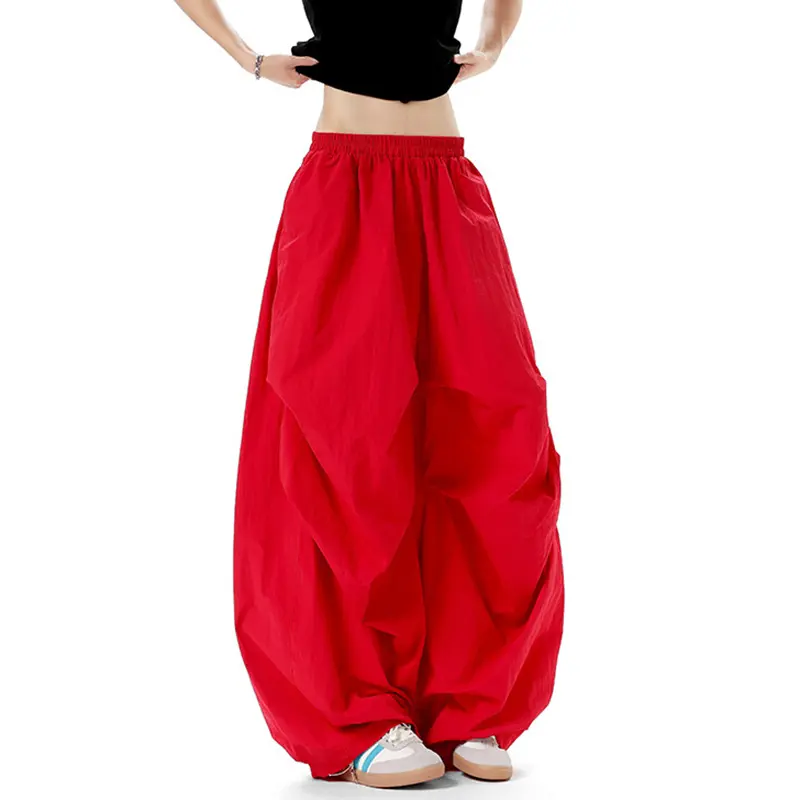 IEFB Men Casual Pants Pleated Elastic Waist Solid Color Male Trousers Summer New Trendy Men's Bottoms Wide Leg Red 9W3519