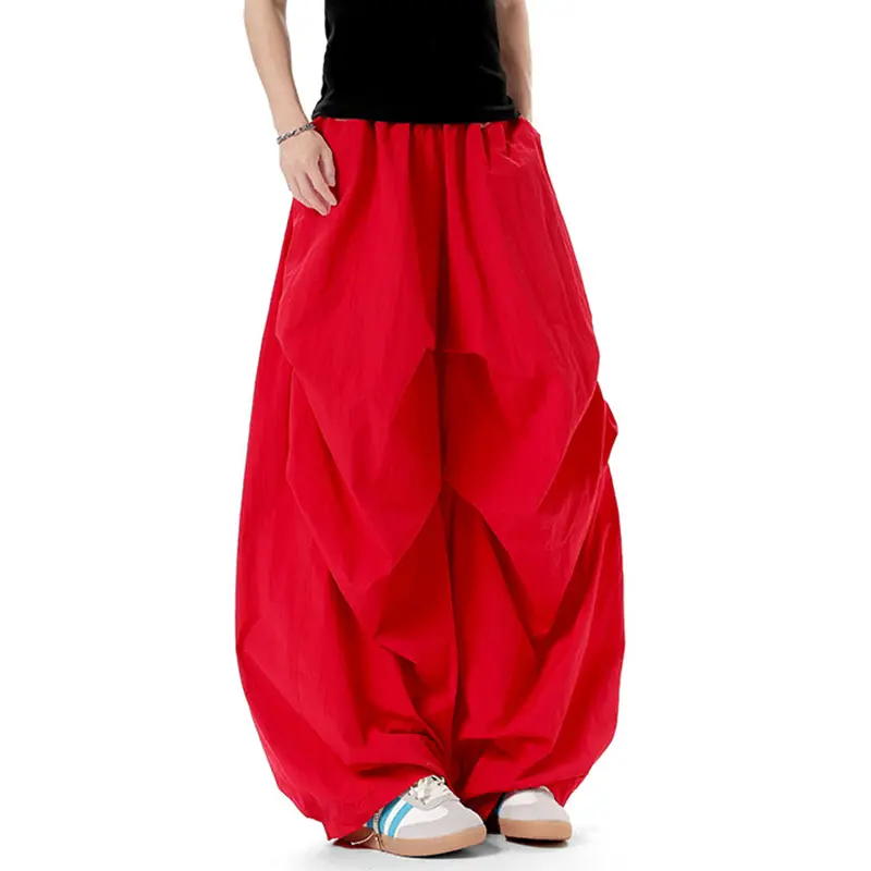 IEFB Men Casual Pants Pleated Elastic Waist Solid Color Male Trousers Summer New Trendy Men's Bottoms Wide Leg Red 9W3519