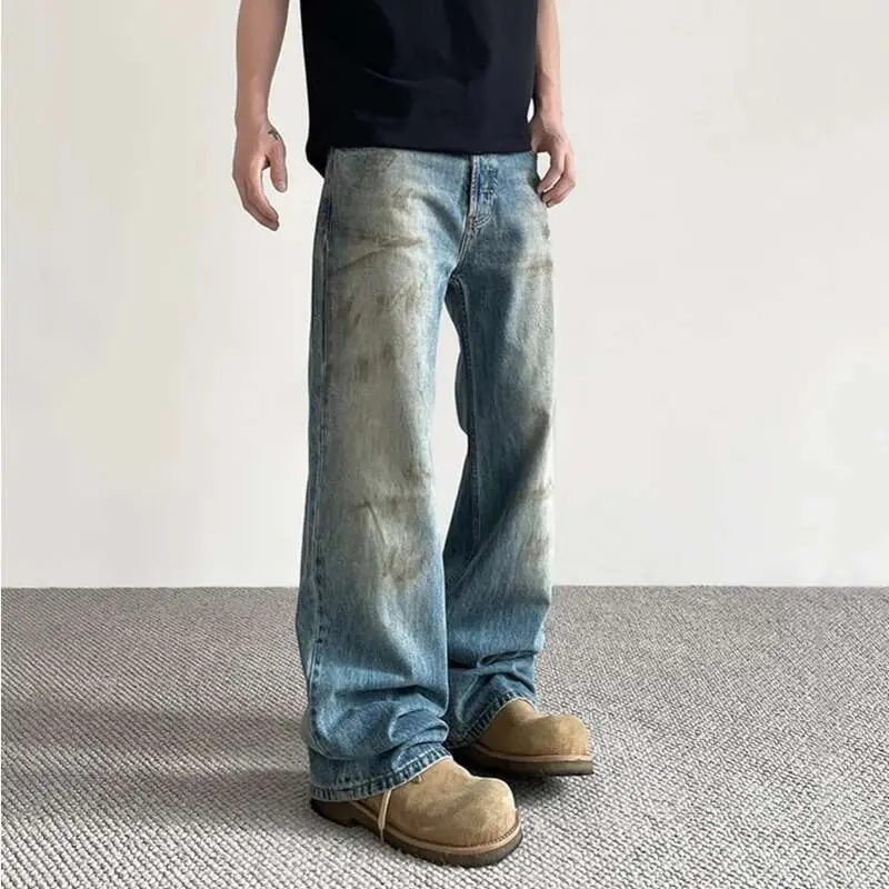 IEFB New American Male Jeans High Street Design Tie Dye Make Old Style Denim Pants Slight Flared Fashion Men's Trousers 9W1481