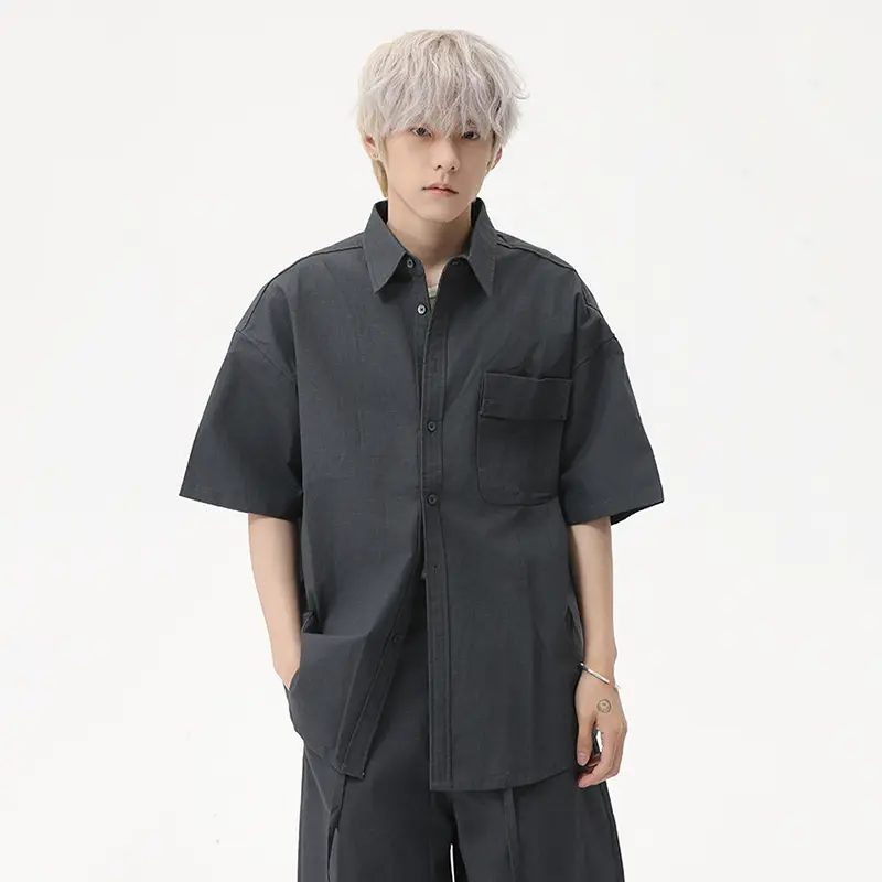 IEFB Simple Men's Suits Turn-down Collar Single Breasted Short Sleeve Solid Color Shirts Lace-up Wide Leg Male Trousers 9W2477