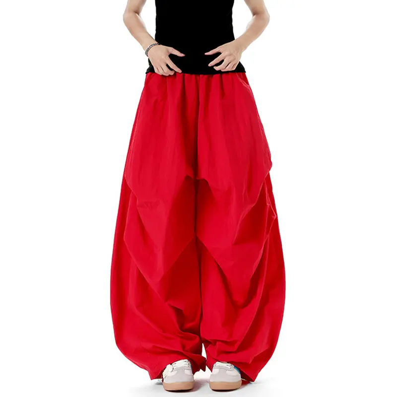 IEFB Men Casual Pants Pleated Elastic Waist Solid Color Male Trousers Summer New Trendy Men's Bottoms Wide Leg Red 9W3519