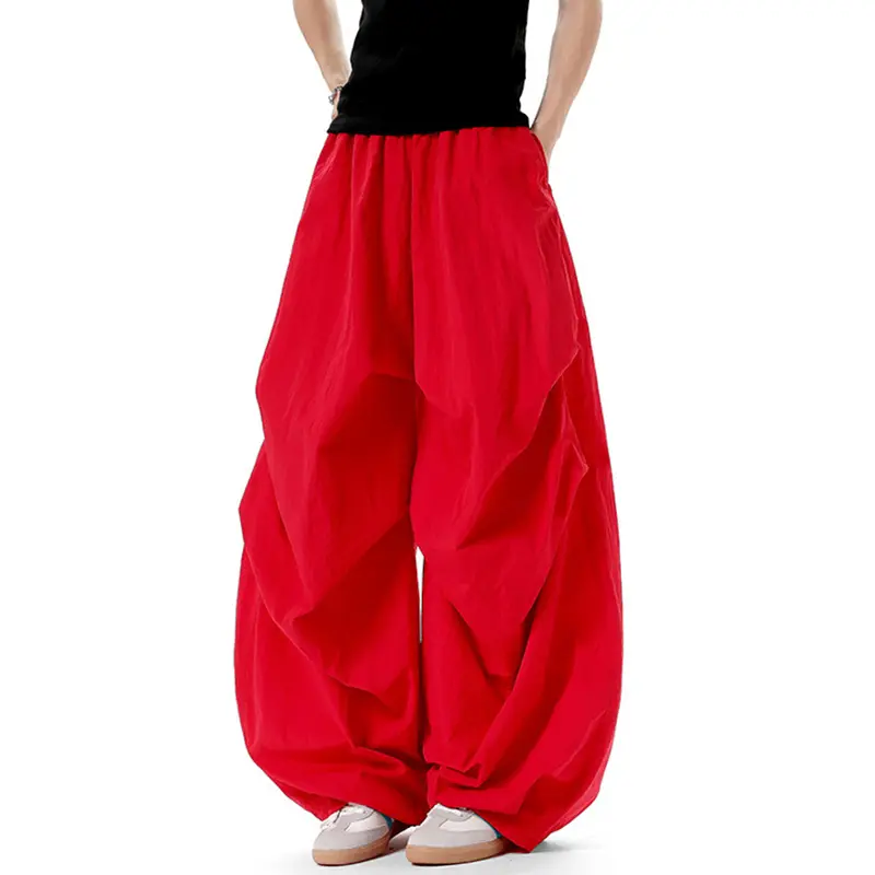 IEFB Men Casual Pants Pleated Elastic Waist Solid Color Male Trousers Summer New Trendy Men's Bottoms Wide Leg Red 9W3519