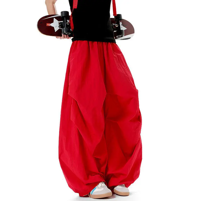 IEFB Men Casual Pants Pleated Elastic Waist Solid Color Male Trousers Summer New Trendy Men's Bottoms Wide Leg Red 9W3519