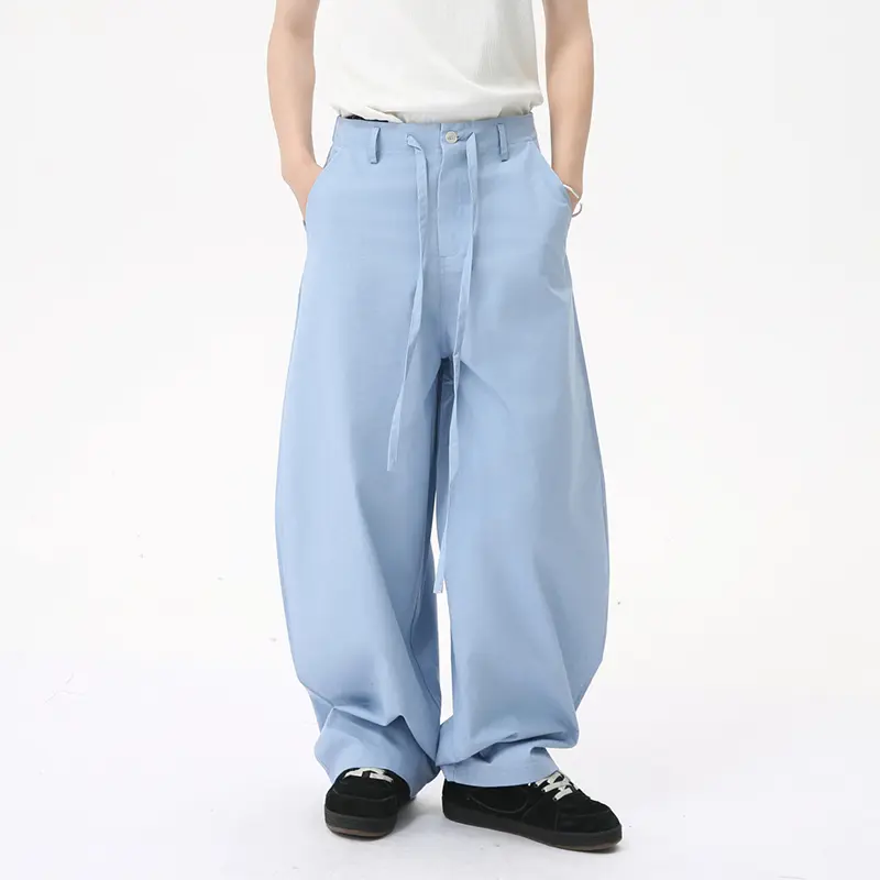 IEFB Simple Men's Suits Turn-down Collar Single Breasted Short Sleeve Solid Color Shirts Lace-up Wide Leg Male Trousers 9W2477