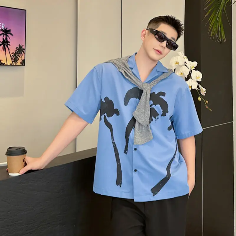 IEFB Niche Design Men's Shirts Turn-down Collar Printing Contrast Color Short Sleeve Single Breasted Loose Male Tops New 9W2334