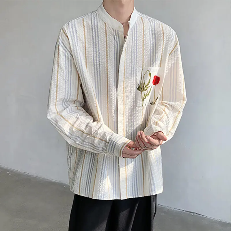 IEFB Colorful Striped Deign Men's Shirts Stand Collar Long Sleeved Rose Printing Contrast Color Single Breasted Male Tops 9W2415