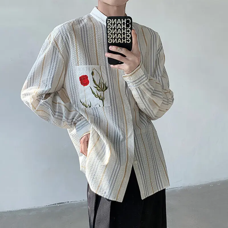 IEFB Colorful Striped Deign Men's Shirts Stand Collar Long Sleeved Rose Printing Contrast Color Single Breasted Male Tops 9W2415