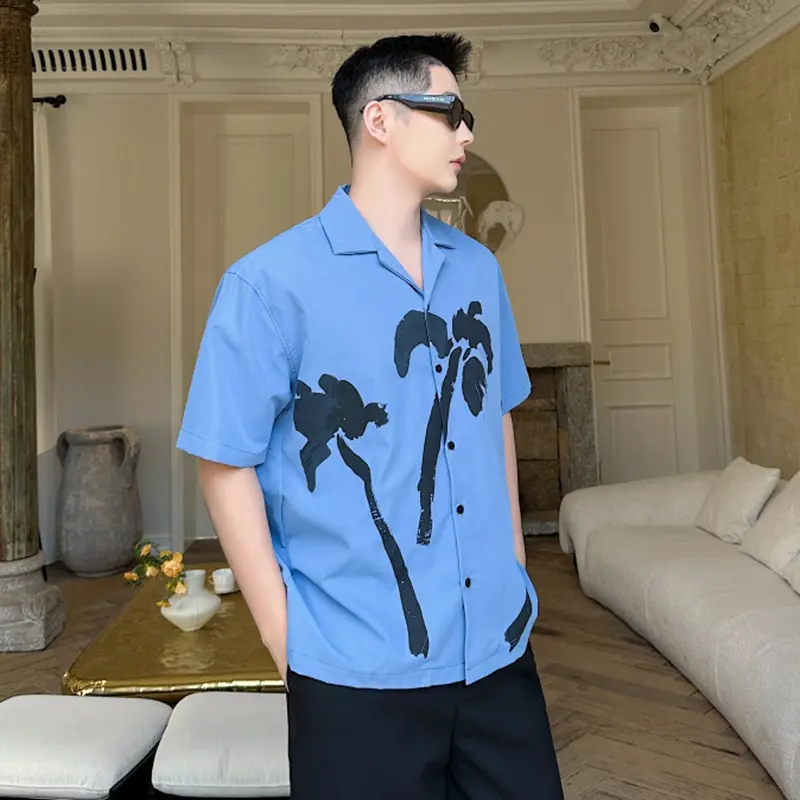 IEFB Niche Design Men's Shirts Turn-down Collar Printing Contrast Color Short Sleeve Single Breasted Loose Male Tops New 9W2334