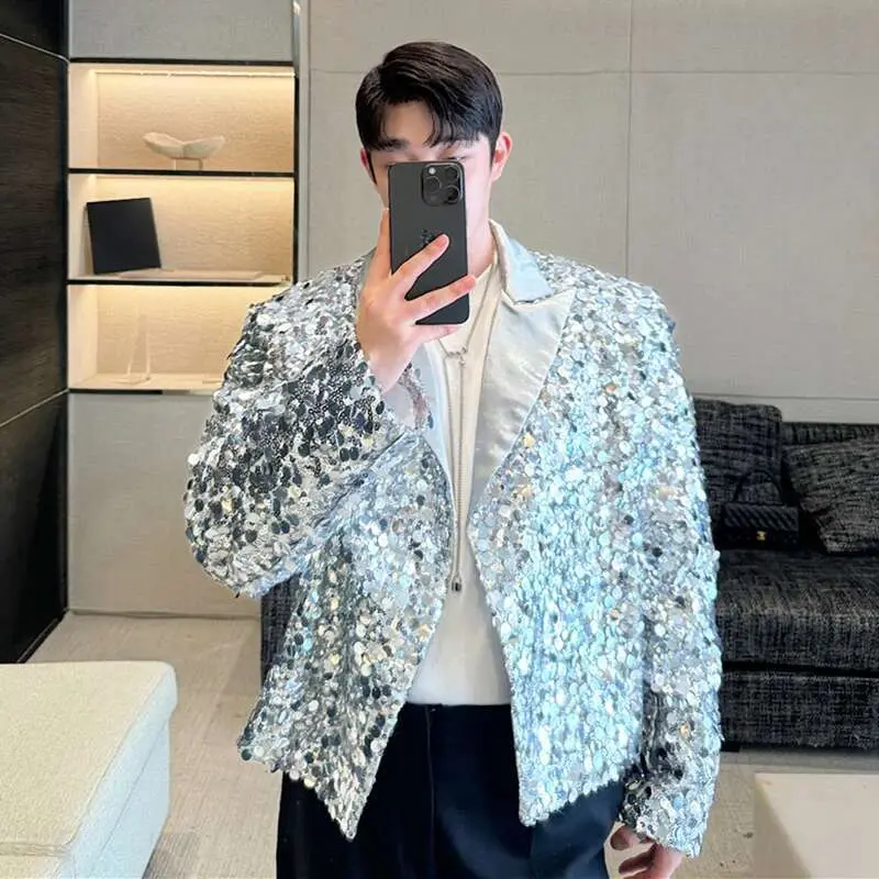 IEFB Personalized Men's Blazers Tailored Collar Sequins Stage Design Korean Version Solid Color Loose Male Suit Jackets 9C8126