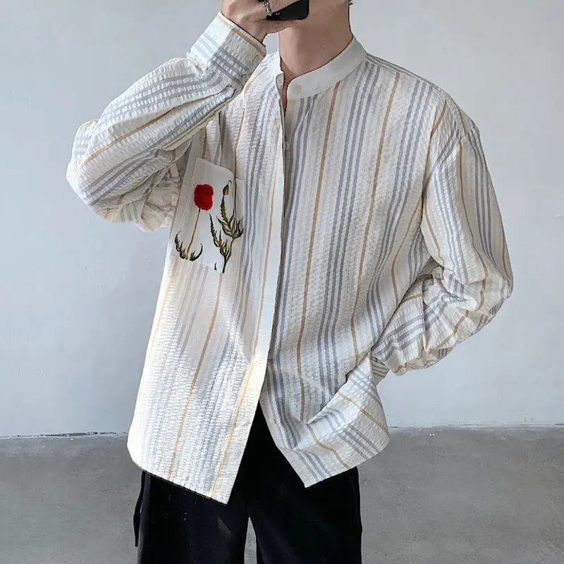 IEFB Colorful Striped Deign Men's Shirts Stand Collar Long Sleeved Rose Printing Contrast Color Single Breasted Male Tops 9W2415