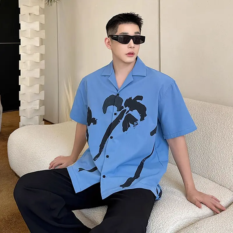 IEFB Niche Design Men's Shirts Turn-down Collar Printing Contrast Color Short Sleeve Single Breasted Loose Male Tops New 9W2334