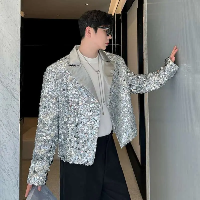 IEFB Personalized Men's Blazers Tailored Collar Sequins Stage Design Korean Version Solid Color Loose Male Suit Jackets 9C8126