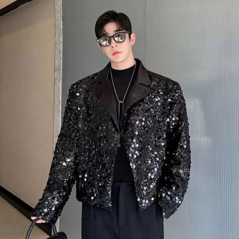 IEFB Personalized Men's Blazers Tailored Collar Sequins Stage Design Korean Version Solid Color Loose Male Suit Jackets 9C8126