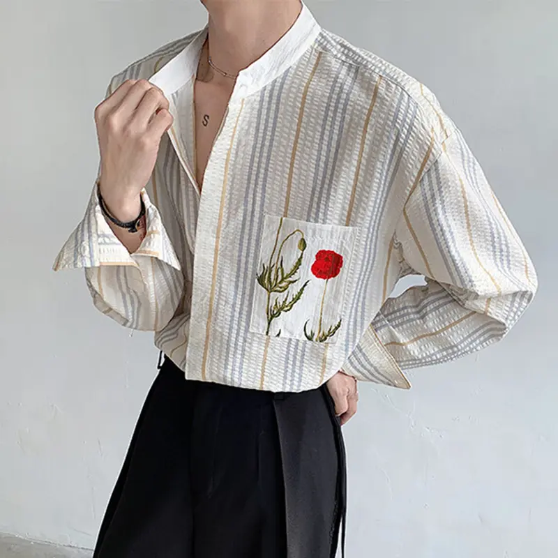 IEFB Colorful Striped Deign Men's Shirts Stand Collar Long Sleeved Rose Printing Contrast Color Single Breasted Male Tops 9W2415