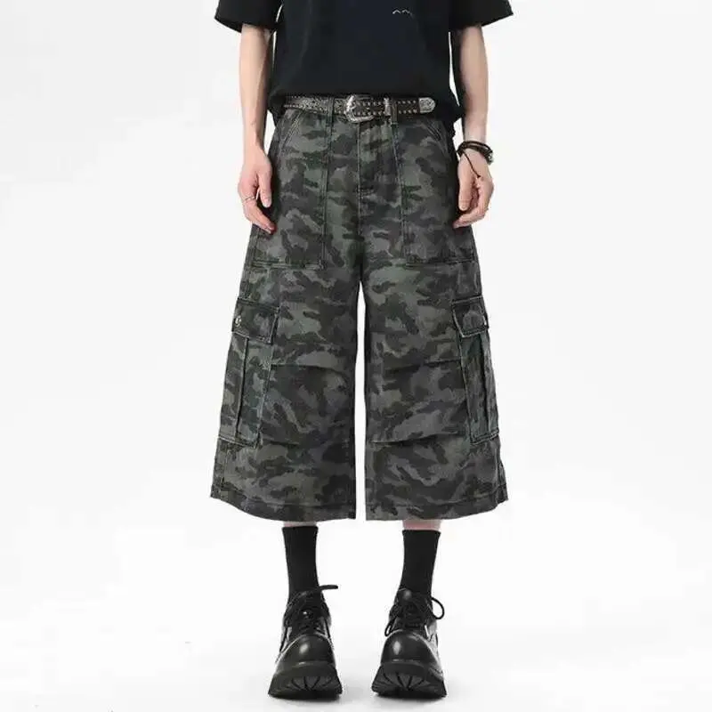 IEFB Men's Denim Shorts New Summer Camouflage Printing Waistband Buckle Cargo Design Pleated Seven Quarter Short Jeans 9W1540