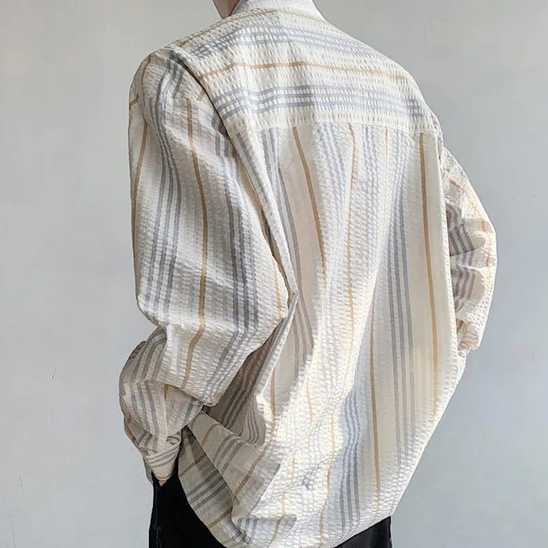 IEFB Colorful Striped Deign Men's Shirts Stand Collar Long Sleeved Rose Printing Contrast Color Single Breasted Male Tops 9W2415