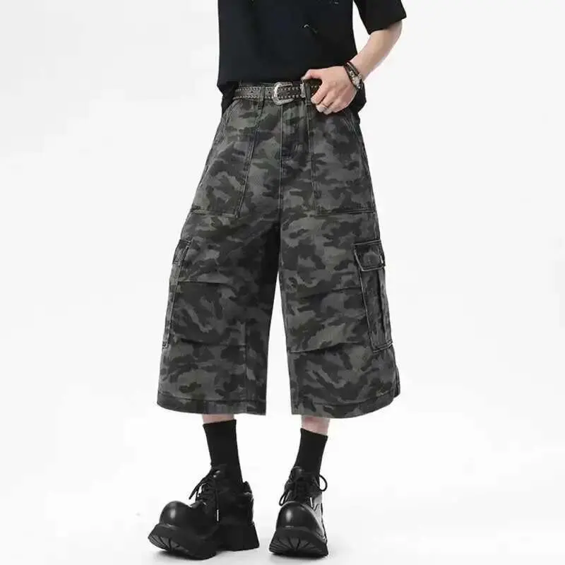 IEFB Men's Denim Shorts New Summer Camouflage Printing Waistband Buckle Cargo Design Pleated Seven Quarter Short Jeans 9W1540