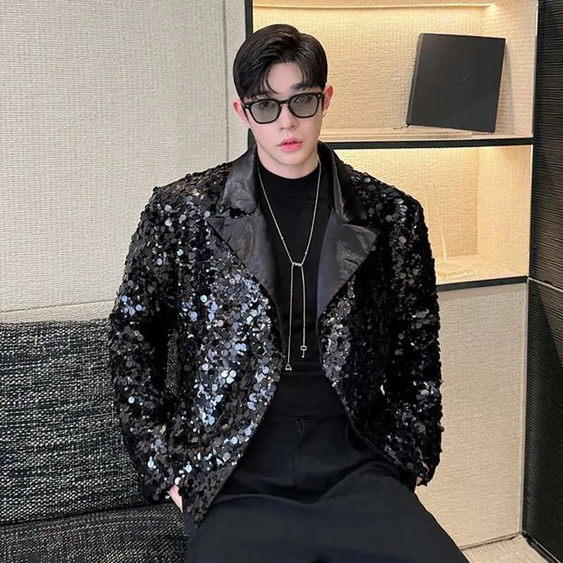 IEFB Personalized Men's Blazers Tailored Collar Sequins Stage Design Korean Version Solid Color Loose Male Suit Jackets 9C8126