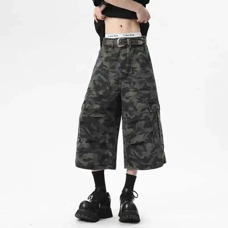 IEFB Men's Denim Shorts New Summer Camouflage Printing Waistband Buckle Cargo Design Pleated Seven Quarter Short Jeans 9W1540