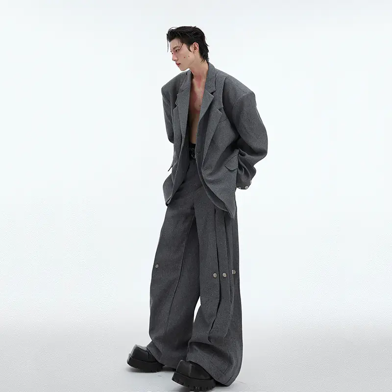 IEFB Korean Style Men's Suits Single Breasted Shoulder Pads Double Layers Blazers Pleated Straight Loose Wide Leg Pants 24E2102