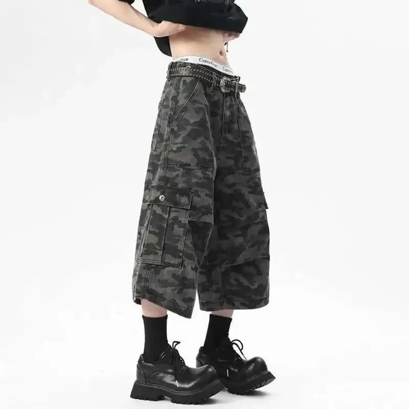 IEFB Men's Denim Shorts New Summer Camouflage Printing Waistband Buckle Cargo Design Pleated Seven Quarter Short Jeans 9W1540