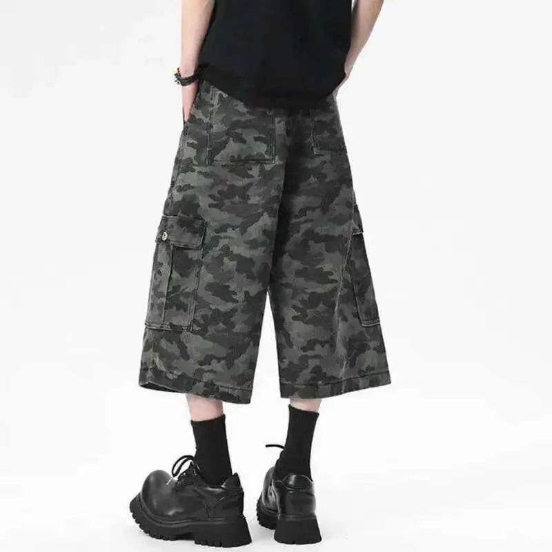 IEFB Men's Denim Shorts New Summer Camouflage Printing Waistband Buckle Cargo Design Pleated Seven Quarter Short Jeans 9W1540