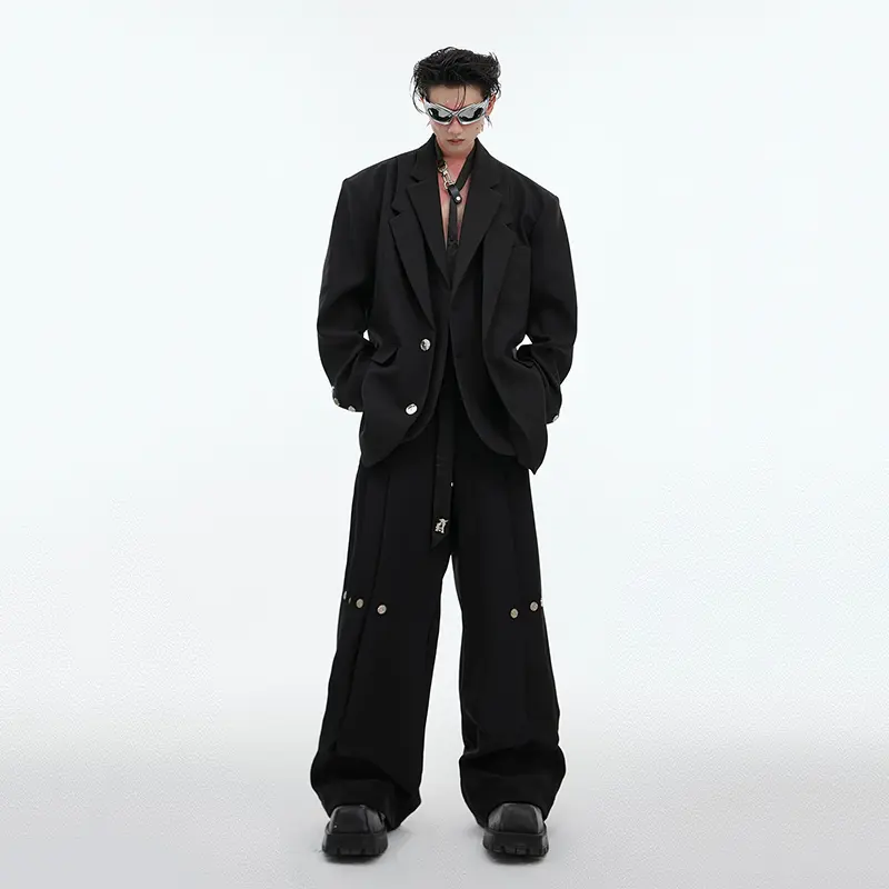 IEFB Korean Style Men's Suits Single Breasted Shoulder Pads Double Layers Blazers Pleated Straight Loose Wide Leg Pants 24E2102