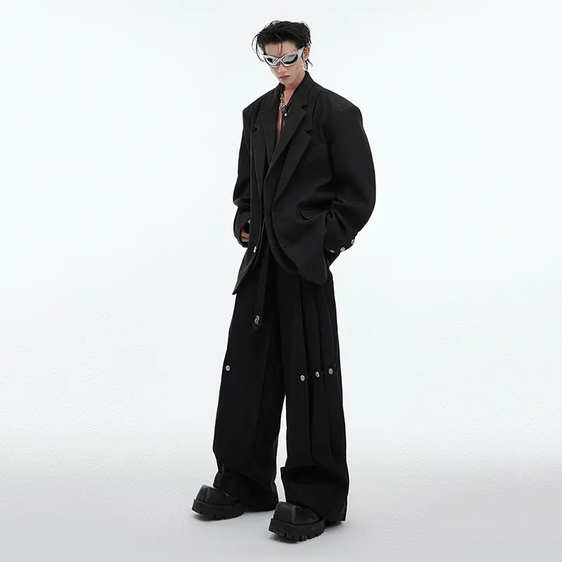 IEFB Korean Style Men's Suits Single Breasted Shoulder Pads Double Layers Blazers Pleated Straight Loose Wide Leg Pants 24E2102
