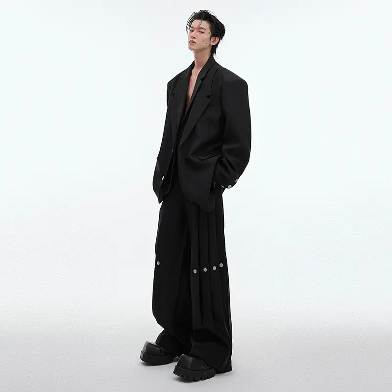 IEFB Korean Style Men's Suits Single Breasted Shoulder Pads Double Layers Blazers Pleated Straight Loose Wide Leg Pants 24E2102