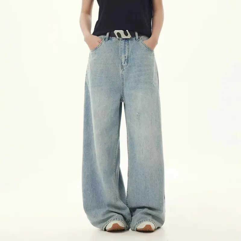 IEFB Korean Style Men Denim Pants Solid Color Casual Straight Washing Jeans Cleanfit Wide Leg Loose Summer Male Trousers 9W2248