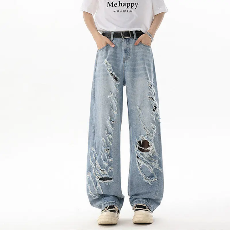 IEFB American Style Distressed Tie Dye Jeans Korean Men's Washed Loose Wide Leg Men Trendy Solid Color Hole Denim Pants 9W2293