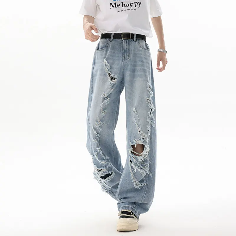IEFB American Style Distressed Tie Dye Jeans Korean Men's Washed Loose Wide Leg Men Trendy Solid Color Hole Denim Pants 9W2293