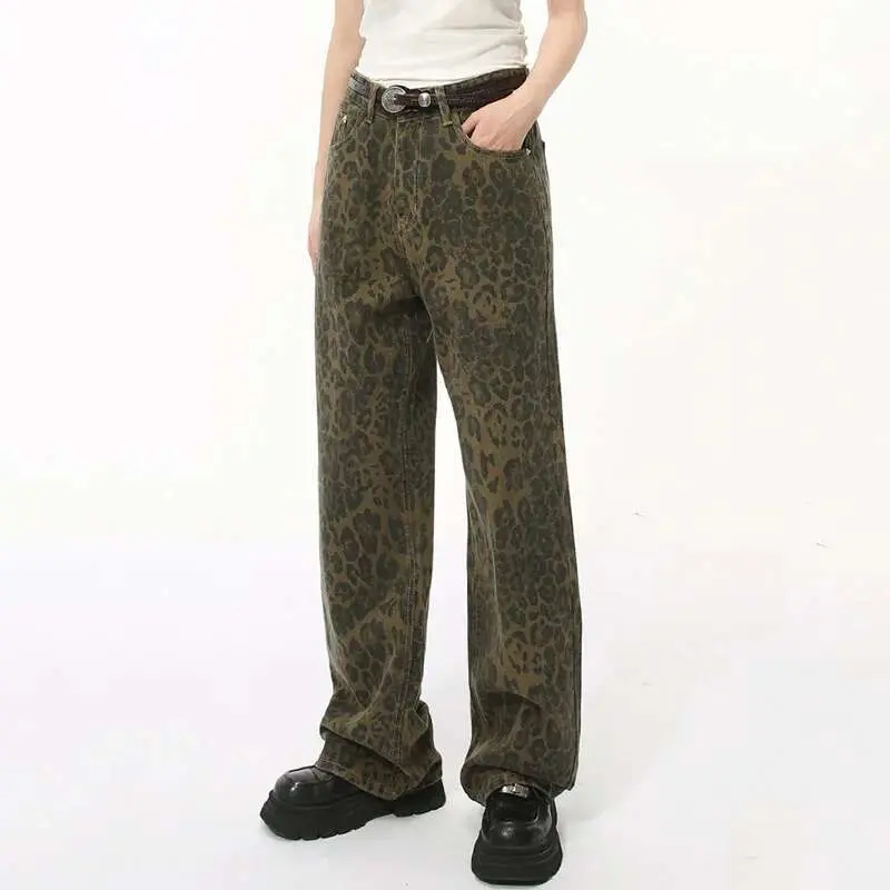 IEFB High Street New Men's Denim Pants Leopard Print Casual Bottom Straight Loose Wide Leg Male Jeans Spring Streewear 9C7744