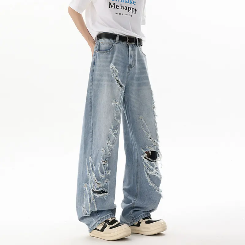 IEFB American Style Distressed Tie Dye Jeans Korean Men's Washed Loose Wide Leg Men Trendy Solid Color Hole Denim Pants 9W2293