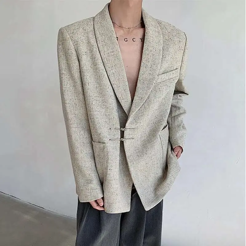 IEFB Suit Jacket Men's Wear New Chinese Style Metal Buckle Shoulder Pad Metal Disc Buckle Blazer Artistic Textured 9W1138