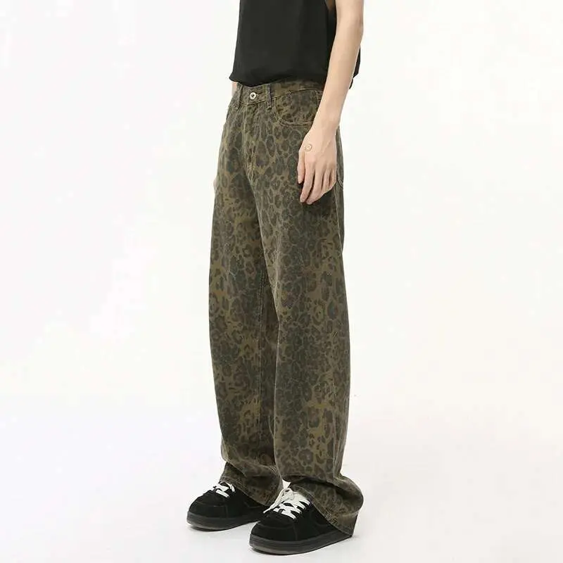 IEFB High Street New Men's Denim Pants Leopard Print Casual Bottom Straight Loose Wide Leg Male Jeans Spring Streewear 9C7744