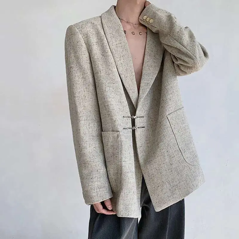 IEFB Suit Jacket Men's Wear New Chinese Style Metal Buckle Shoulder Pad Metal Disc Buckle Blazer Artistic Textured 9W1138