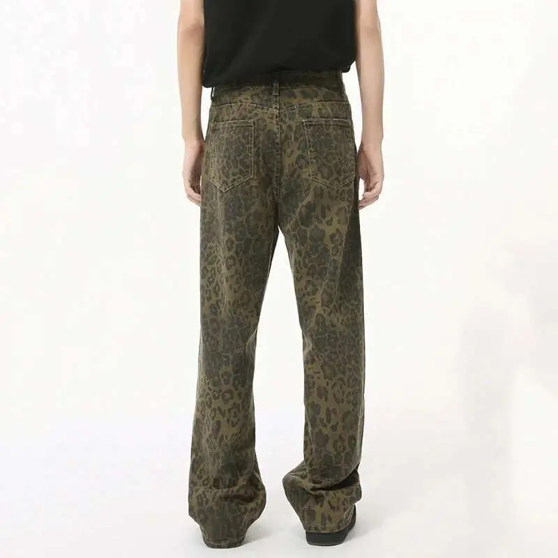 IEFB High Street New Men's Denim Pants Leopard Print Casual Bottom Straight Loose Wide Leg Male Jeans Spring Streewear 9C7744