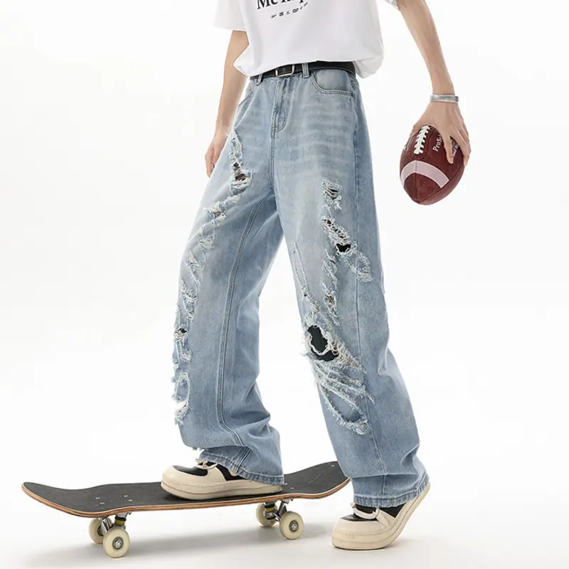IEFB American Style Distressed Tie Dye Jeans Korean Men's Washed Loose Wide Leg Men Trendy Solid Color Hole Denim Pants 9W2293