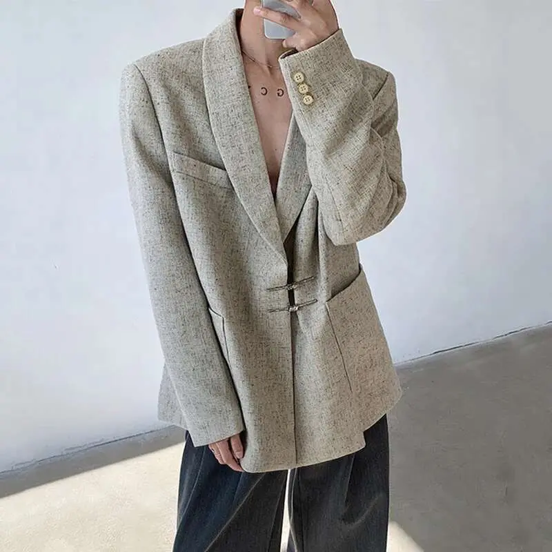 IEFB Suit Jacket Men's Wear New Chinese Style Metal Buckle Shoulder Pad Metal Disc Buckle Blazer Artistic Textured 9W1138