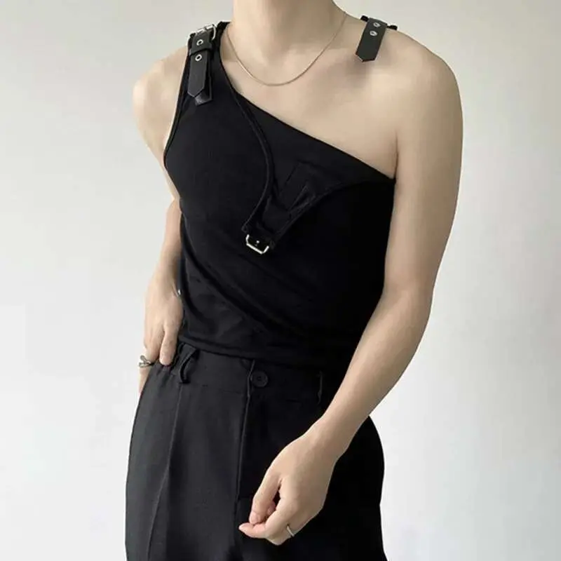 IEFB Personalized Design Men's Leather Shoulder Loop Vest Solid Color Korean Casual Knitted Sleeveless Summer New Fashion 9A1978