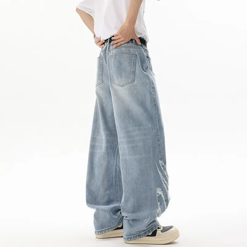 IEFB American Style Distressed Tie Dye Jeans Korean Men's Washed Loose Wide Leg Men Trendy Solid Color Hole Denim Pants 9W2293