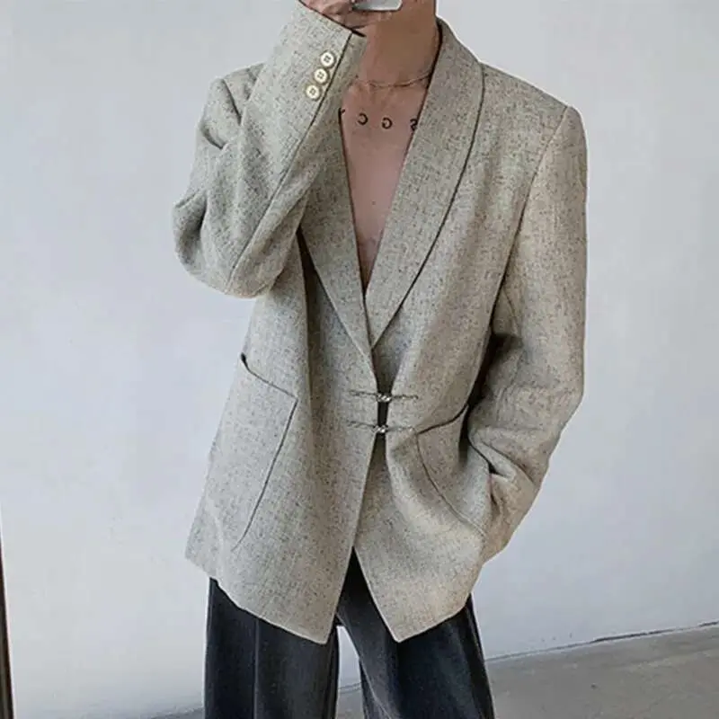 IEFB Suit Jacket Men's Wear New Chinese Style Metal Buckle Shoulder Pad Metal Disc Buckle Blazer Artistic Textured 9W1138