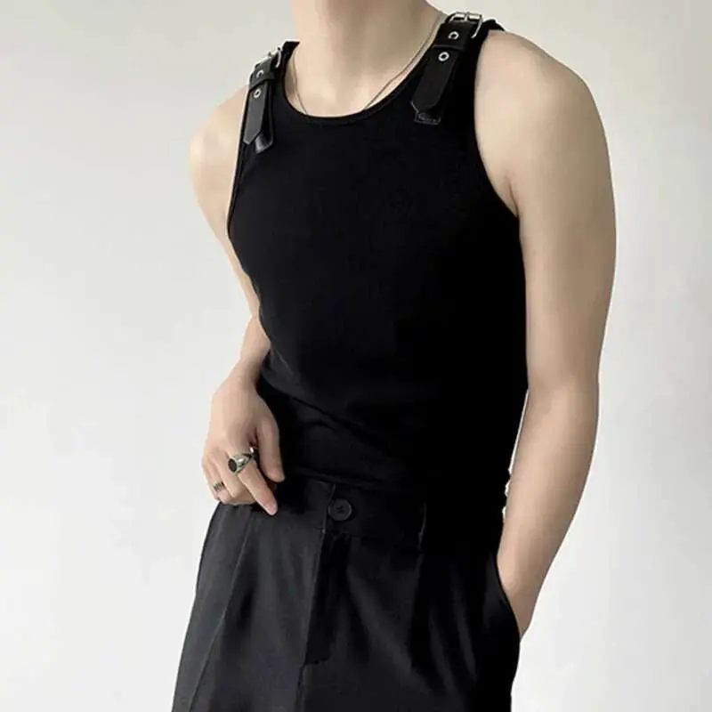IEFB Personalized Design Men's Leather Shoulder Loop Vest Solid Color Korean Casual Knitted Sleeveless Summer New Fashion 9A1978