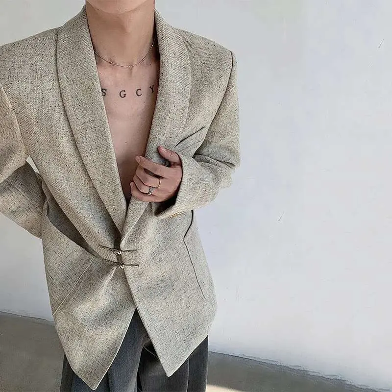 IEFB Suit Jacket Men's Wear New Chinese Style Metal Buckle Shoulder Pad Metal Disc Buckle Blazer Artistic Textured 9W1138