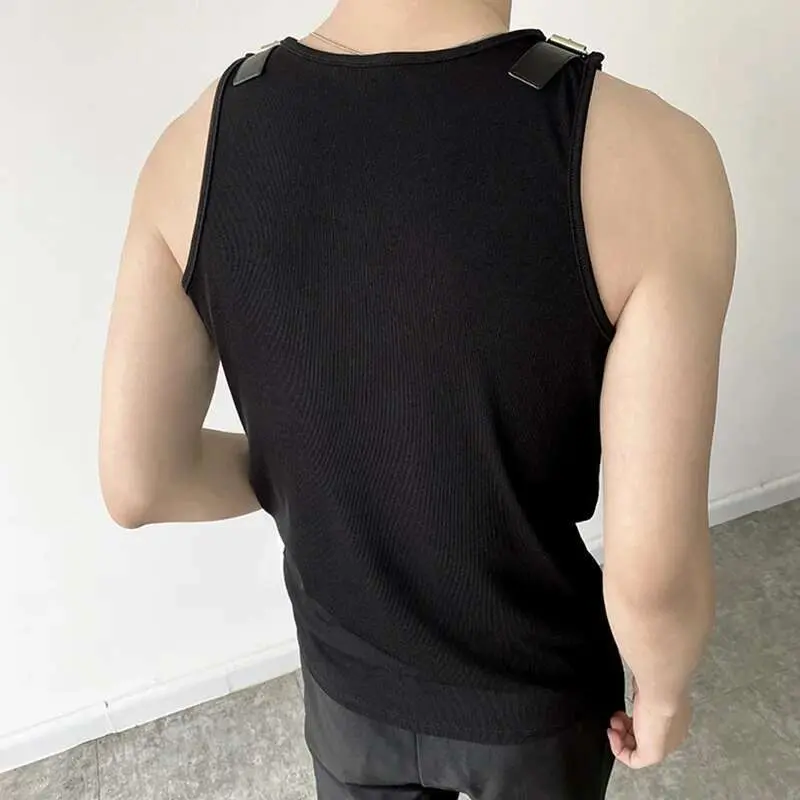 IEFB Personalized Design Men's Leather Shoulder Loop Vest Solid Color Korean Casual Knitted Sleeveless Summer New Fashion 9A1978